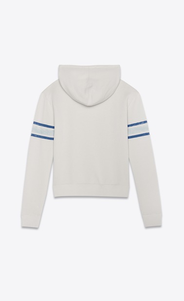 Kapuzensweatshirt aus gebrochen weißem Baumwollfleece mit abgenutzter Optik und 1971 Saint Laurent-Print